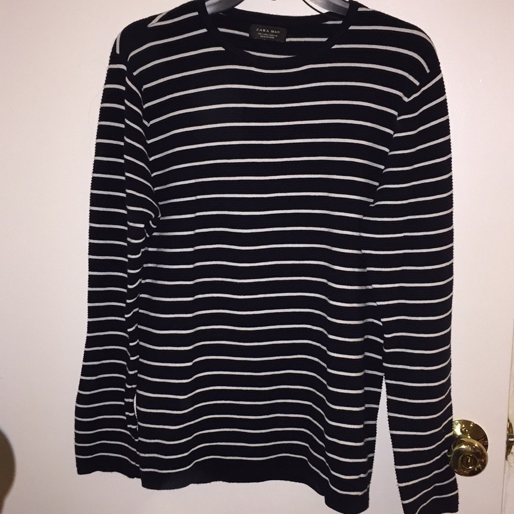 Zara man navy and white striped long sleeve shirt